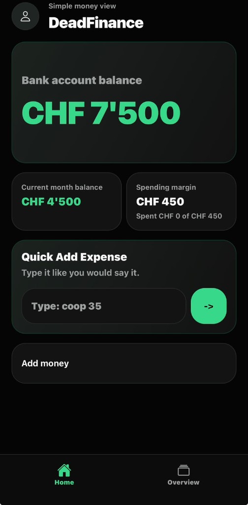 DeadFinance app home screen showing account balance, monthly balance and spending margin