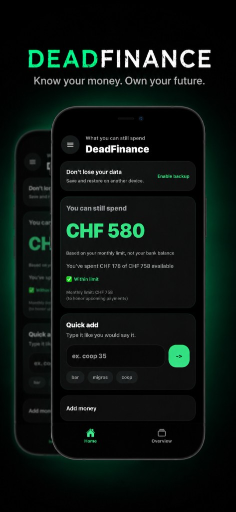DeadFinance home: spendable CHF 580, quick add, and Within limit status
